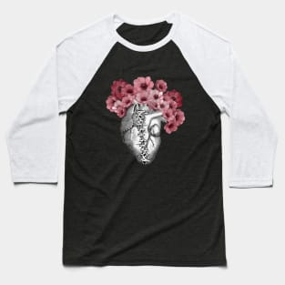 Broken heart, Human heart illustration art, laces, with red anemones, tied heart, sewn heart Baseball T-Shirt